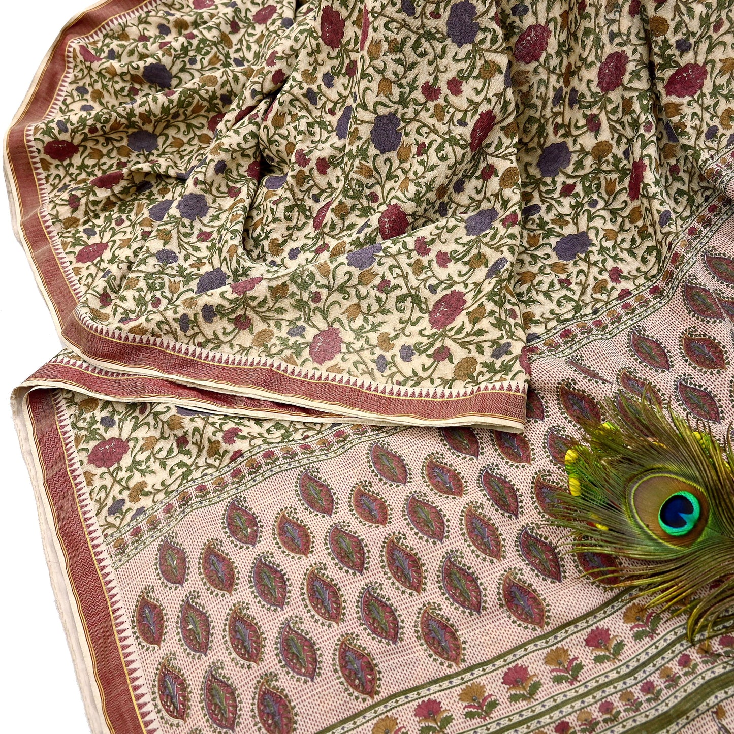 Indian Vintage Sari Maoon & Beige Pure Woolen Woven Printed Sarees Soft Warm Craft Fabric 5Yd Floral Dress making Crafting For Winter Soft