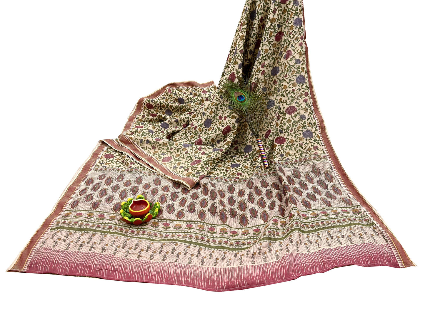 Indian Vintage Sari Maoon & Beige Pure Woolen Woven Printed Sarees Soft Warm Craft Fabric 5Yd Floral Dress making Crafting For Winter Soft