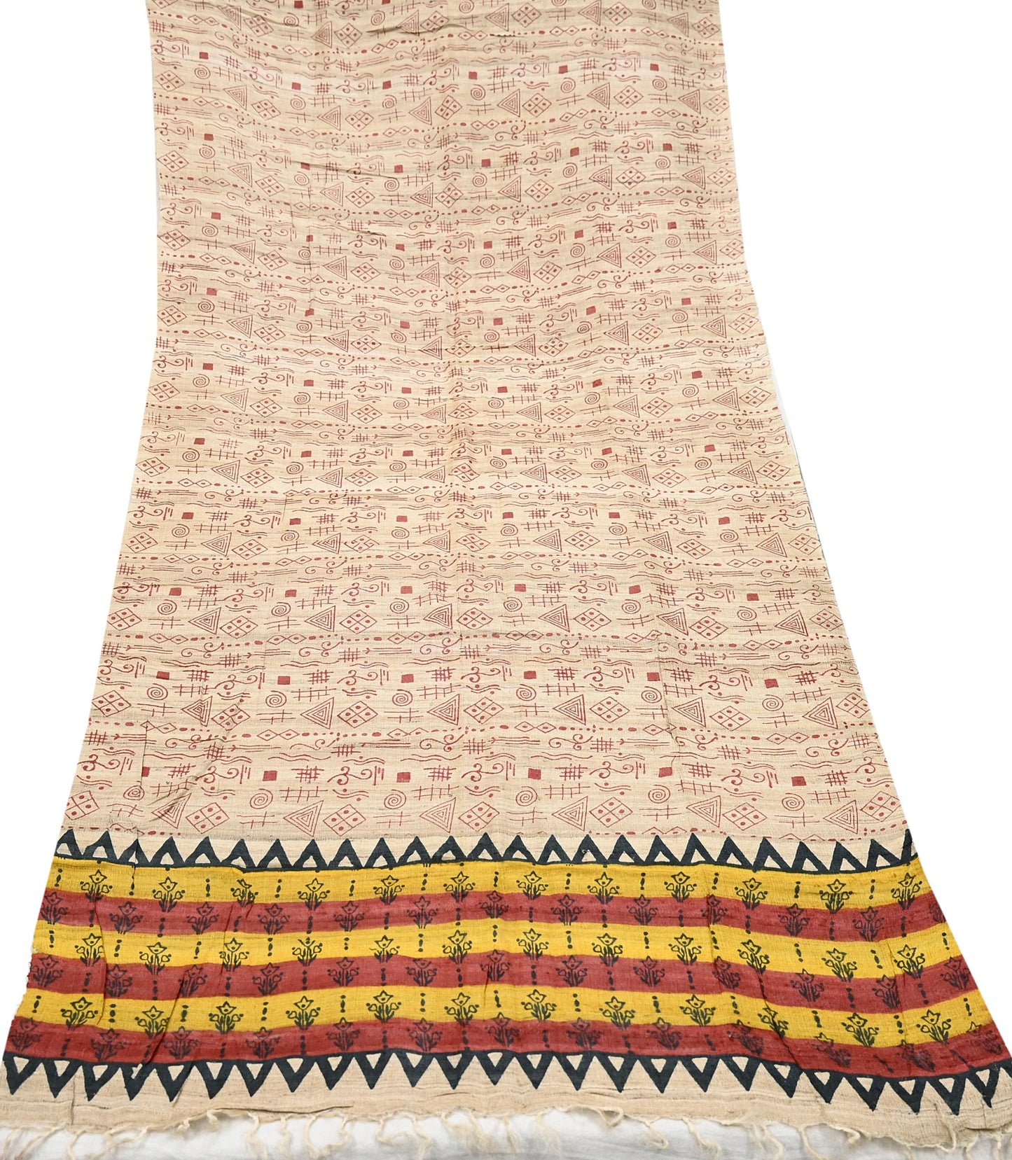 Indian Vintage Beige Dupatta Long Stole 100% Pure Khadi Silk Hand Woven/ Printed Scarves Veil Scarf Wrap Hippie Fringes