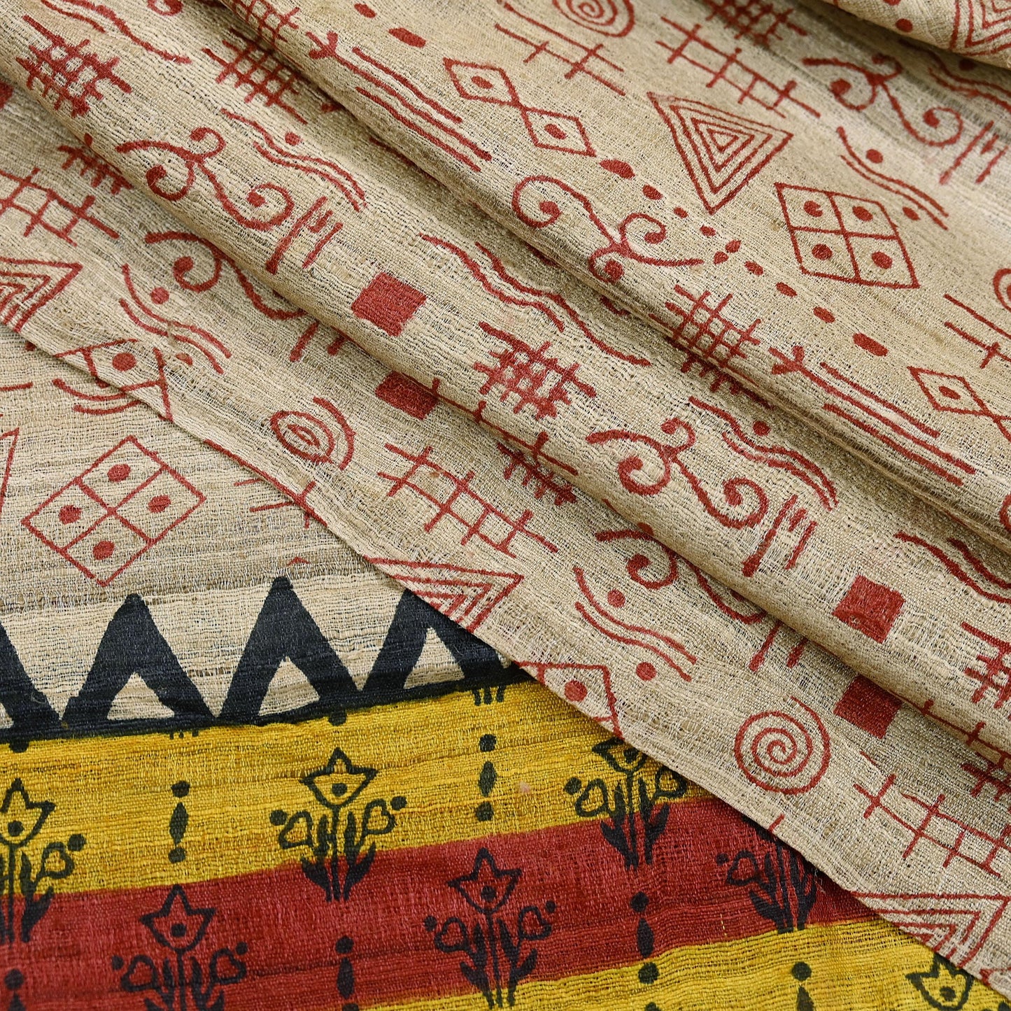 Indian Vintage Beige Dupatta Long Stole 100% Pure Khadi Silk Hand Woven/ Printed Scarves Veil Scarf Wrap Hippie Fringes