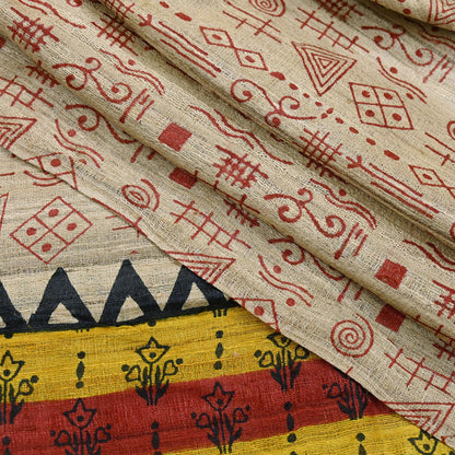 Indian Vintage Beige Dupatta Long Stole 100% Pure Khadi Silk Hand Woven/ Printed Scarves Veil Scarf Wrap Hippie Fringes