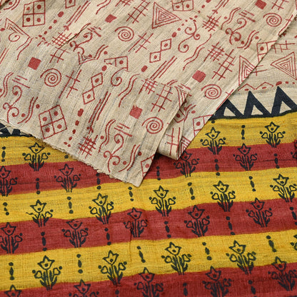 Indian Vintage Beige Dupatta Long Stole 100% Pure Khadi Silk Hand Woven/ Printed Scarves Veil Scarf Wrap Hippie Fringes