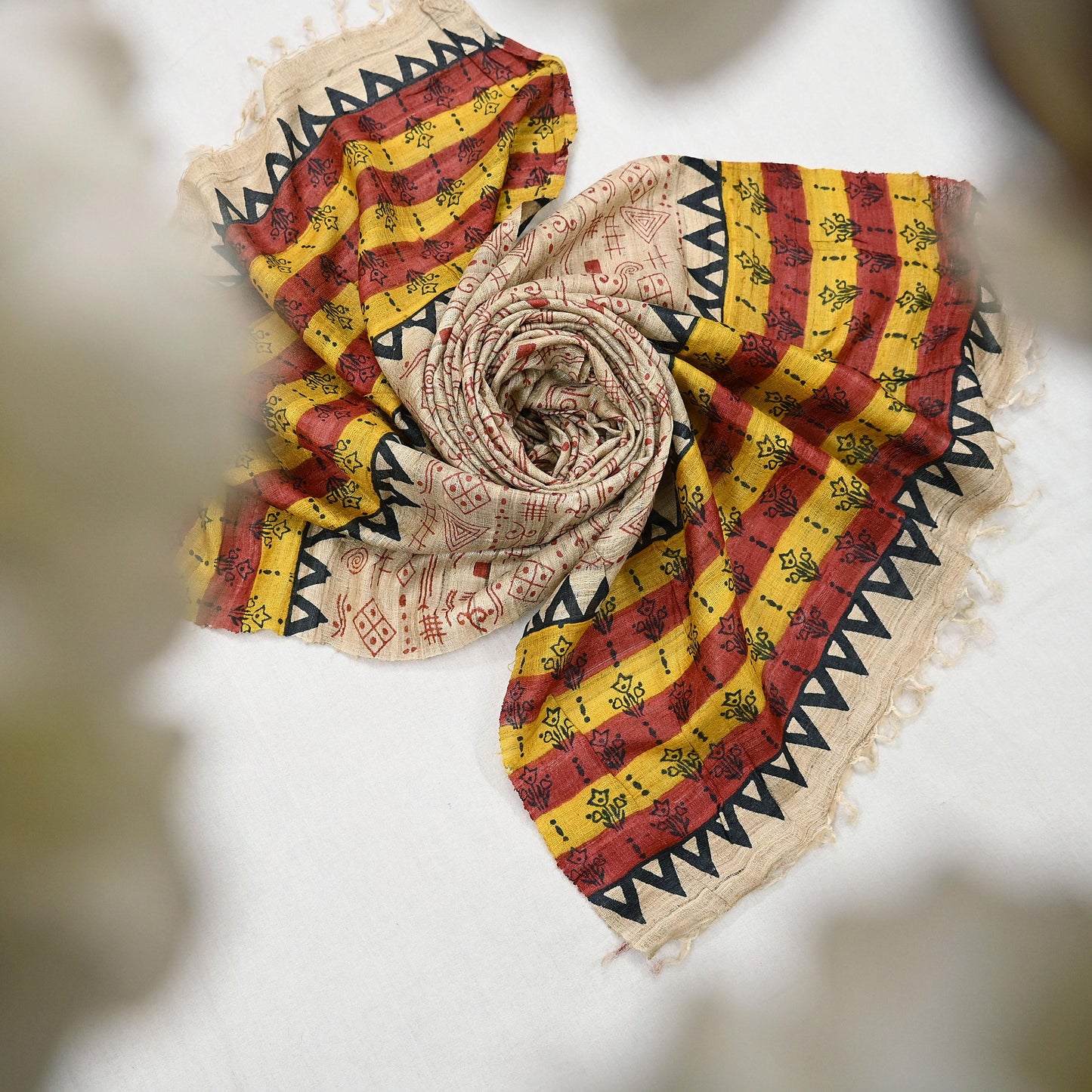 Indian Vintage Beige Dupatta Long Stole 100% Pure Khadi Silk Hand Woven/ Printed Scarves Veil Scarf Wrap Hippie Fringes