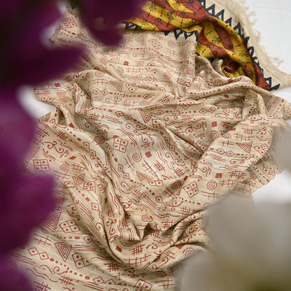 Indian Vintage Beige Dupatta Long Stole 100% Pure Khadi Silk Hand Woven/ Printed Scarves Veil Scarf Wrap Hippie Fringes