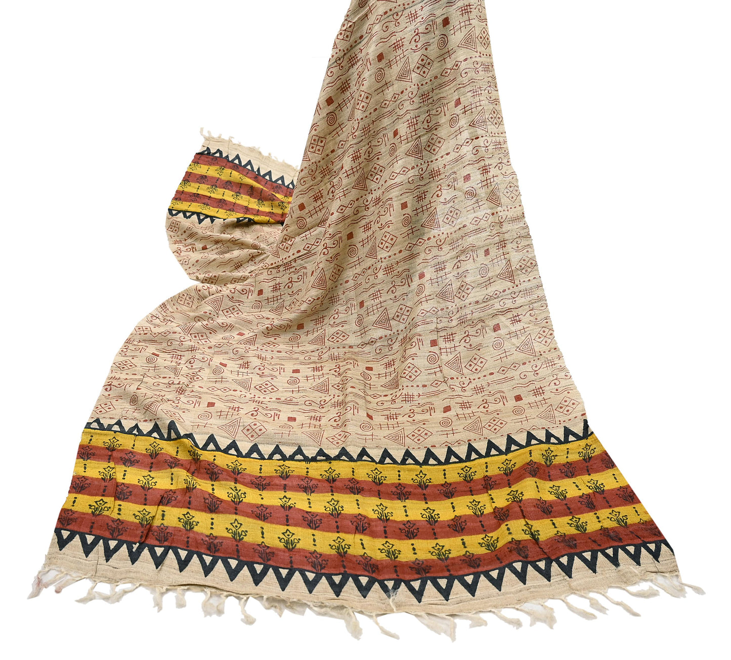 Indian Vintage Beige Dupatta Long Stole 100% Pure Khadi Silk Hand Woven/ Printed Scarves Veil Scarf Wrap Hippie Fringes