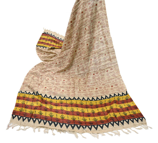 Indian Vintage Beige Dupatta Long Stole 100% Pure Khadi Silk Hand Woven/ Printed Scarves Veil Scarf Wrap Hippie Fringes