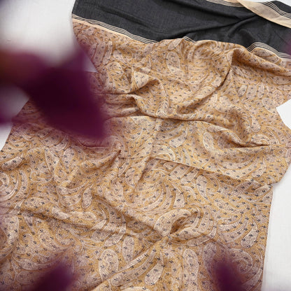 Indian Vintage Black & beige Dupatta Long Stole 100% Pure Khadi Silk Hand Woven/ Printed Scarves Veil Scarf Wrap Hippie