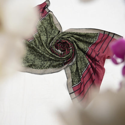 Indian Women Vintage Green & Maroon Long Stole Pure Woolen Scarf Dupatta Scarves Printed Sarong Wrap Veil Hijab Shawl Soft