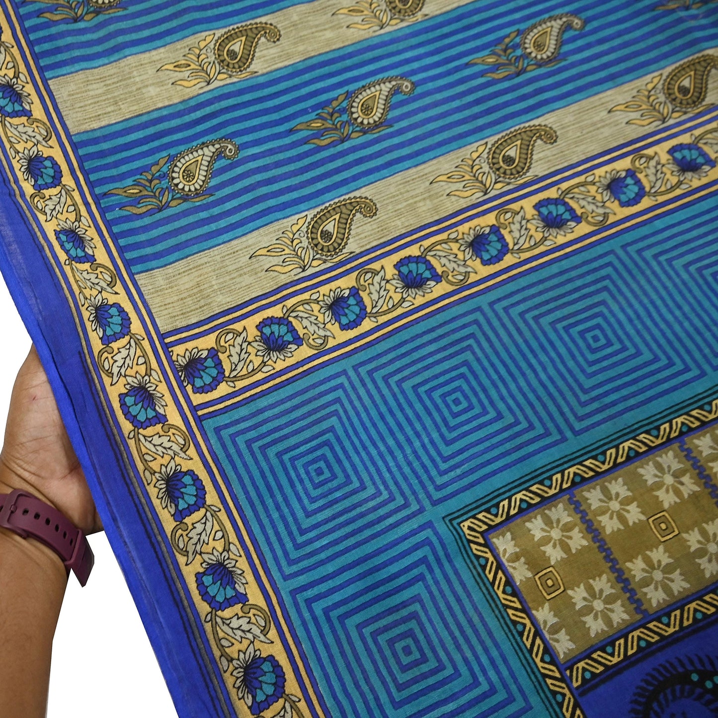 Indian Vintage Sari Blue Printed Pure Cotton Sarees 5Yd Craft Fabric Soft Sewing Sarong Wrap Boho Upcycle quilting Dress making