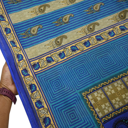 Indian Vintage Sari Blue Printed Pure Cotton Sarees 5Yd Craft Fabric Soft Sewing Sarong Wrap Boho Upcycle quilting Dress making