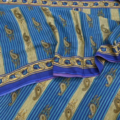 Indian Vintage Sari Blue Printed Pure Cotton Sarees 5Yd Craft Fabric Soft Sewing Sarong Wrap Boho Upcycle quilting Dress making