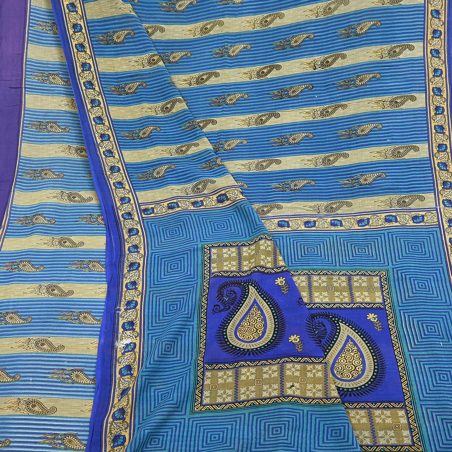 Indian Vintage Sari Blue Printed Pure Cotton Sarees 5Yd Craft Fabric Soft Sewing Sarong Wrap Boho Upcycle quilting Dress making