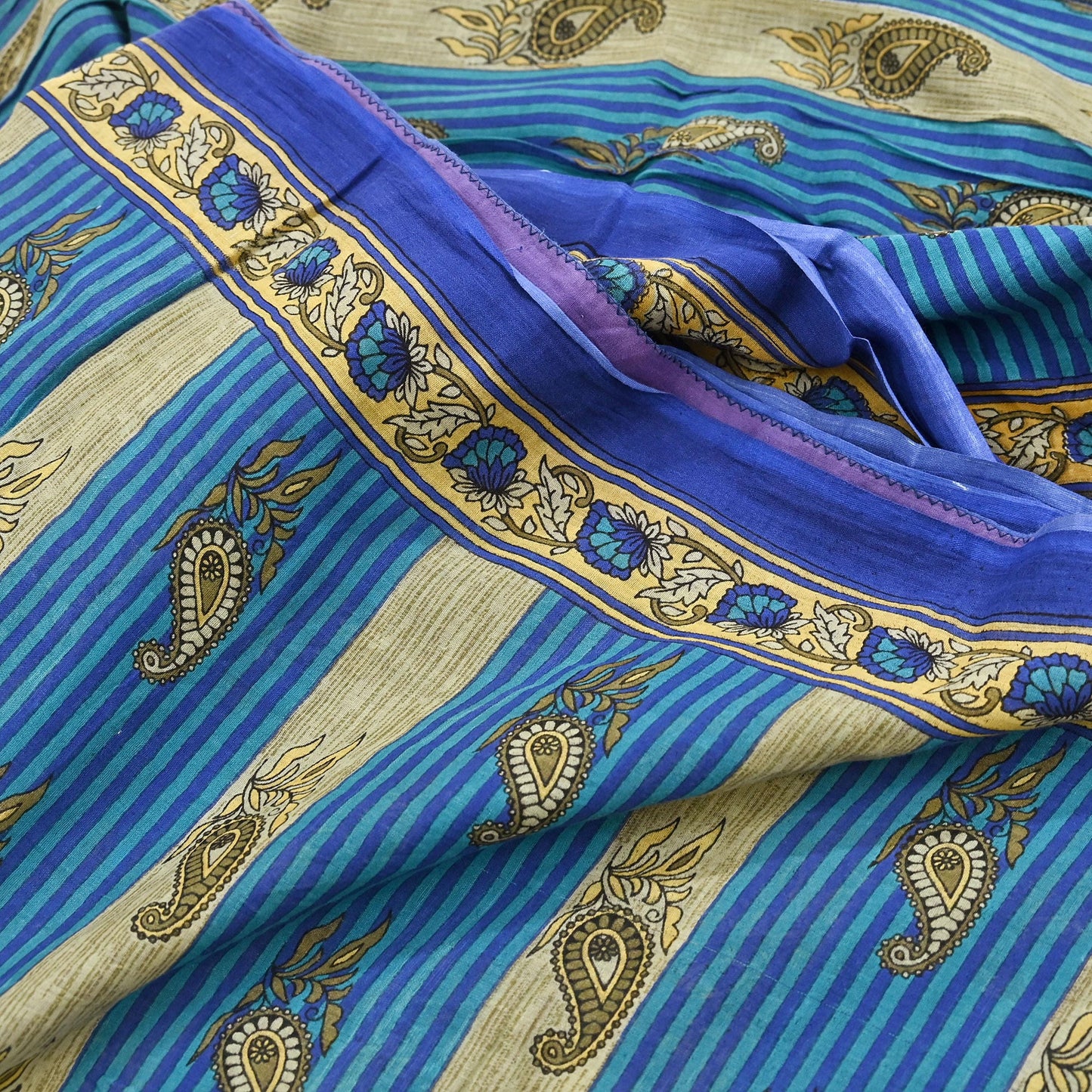 Indian Vintage Sari Blue Printed Pure Cotton Sarees 5Yd Craft Fabric Soft Sewing Sarong Wrap Boho Upcycle quilting Dress making