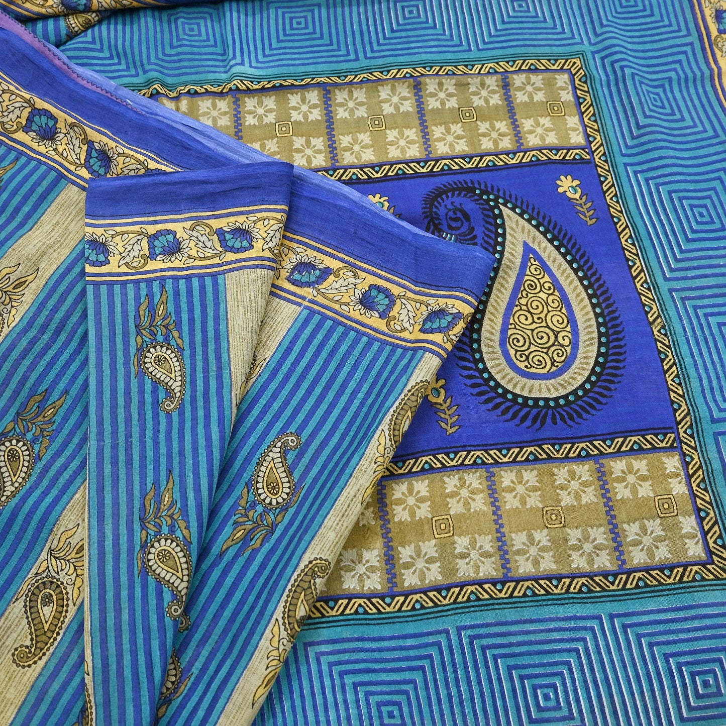 Indian Vintage Sari Blue Printed Pure Cotton Sarees 5Yd Craft Fabric Soft Sewing Sarong Wrap Boho Upcycle quilting Dress making
