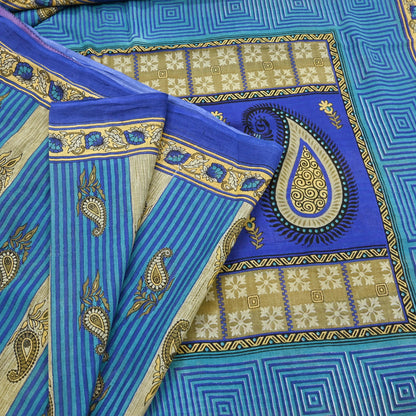 Indian Vintage Sari Blue Printed Pure Cotton Sarees 5Yd Craft Fabric Soft Sewing Sarong Wrap Boho Upcycle quilting Dress making