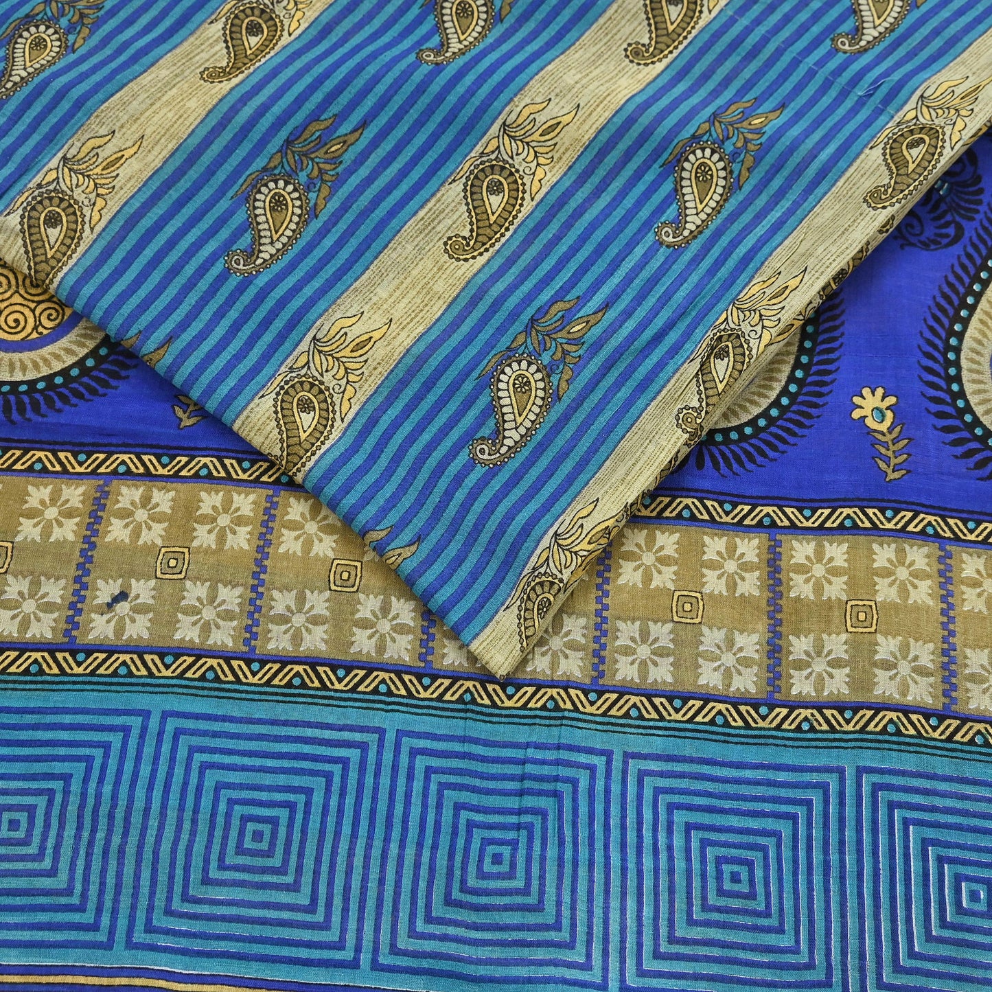 Indian Vintage Sari Blue Printed Pure Cotton Sarees 5Yd Craft Fabric Soft Sewing Sarong Wrap Boho Upcycle quilting Dress making