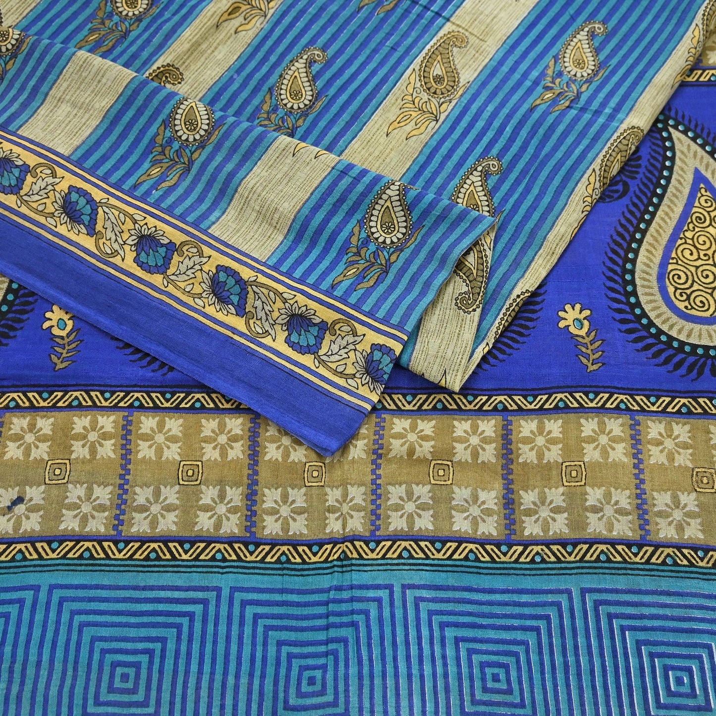 Indian Vintage Sari Blue Printed Pure Cotton Sarees 5Yd Craft Fabric Soft Sewing Sarong Wrap Boho Upcycle quilting Dress making