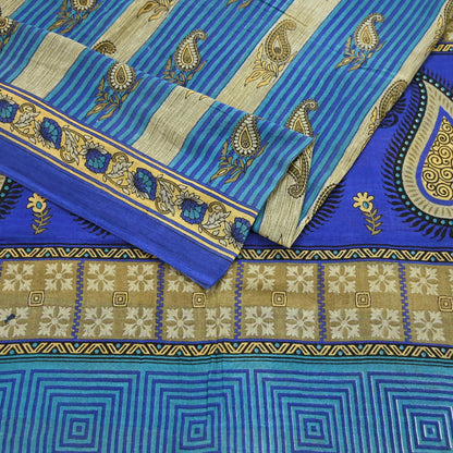Indian Vintage Sari Blue Printed Pure Cotton Sarees 5Yd Craft Fabric Soft Sewing Sarong Wrap Boho Upcycle quilting Dress making