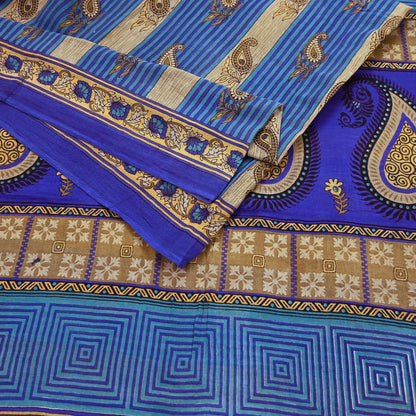 Indian Vintage Sari Blue Printed Pure Cotton Sarees 5Yd Craft Fabric Soft Sewing Sarong Wrap Boho Upcycle quilting Dress making