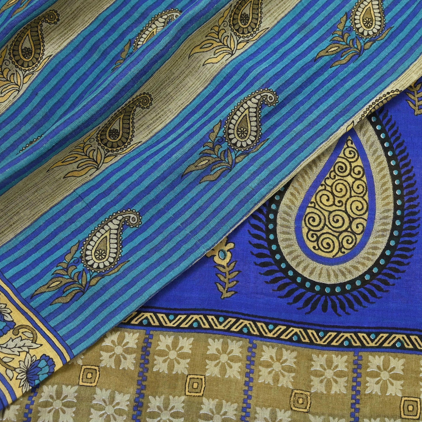 Indian Vintage Sari Blue Printed Pure Cotton Sarees 5Yd Craft Fabric Soft Sewing Sarong Wrap Boho Upcycle quilting Dress making