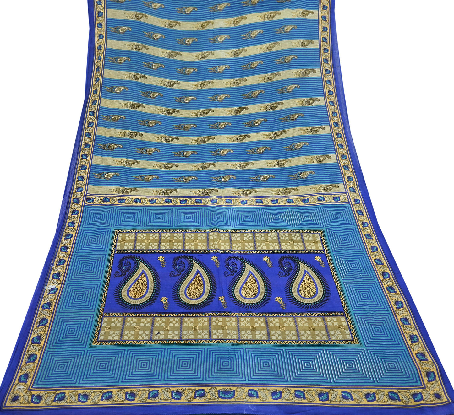 Indian Vintage Sari Blue Printed Pure Cotton Sarees 5Yd Craft Fabric Soft Sewing Sarong Wrap Boho Upcycle quilting Dress making
