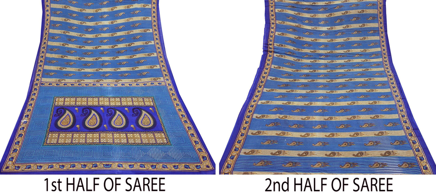 Indian Vintage Sari Blue Printed Pure Cotton Sarees 5Yd Craft Fabric Soft Sewing Sarong Wrap Boho Upcycle quilting Dress making