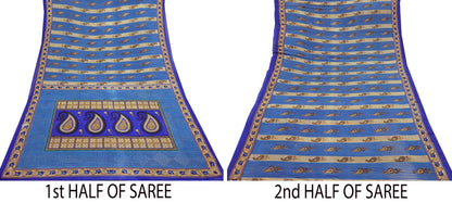 Indian Vintage Sari Blue Printed Pure Cotton Sarees 5Yd Craft Fabric Soft Sewing Sarong Wrap Boho Upcycle quilting Dress making