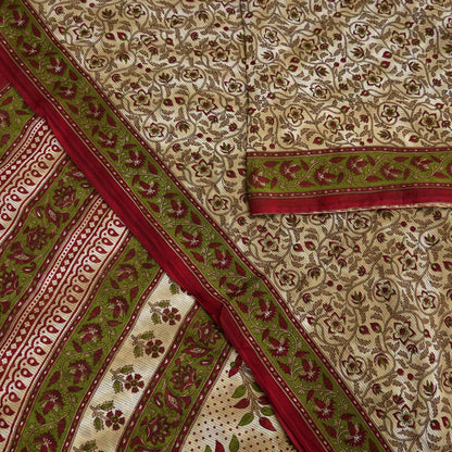 Indian Vintage Sari Green & Beige Printed Sarees 100% Pure Cotton Craft Fabric Soft 5Yd Sewing Sarong Wrap Floral Dress Making Crafting