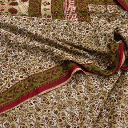 Indian Vintage Sari Green & Beige Printed Sarees 100% Pure Cotton Craft Fabric Soft 5Yd Sewing Sarong Wrap Floral Dress Making Crafting