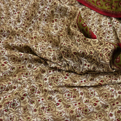 Indian Vintage Sari Green & Beige Printed Sarees 100% Pure Cotton Craft Fabric Soft 5Yd Sewing Sarong Wrap Floral Dress Making Crafting