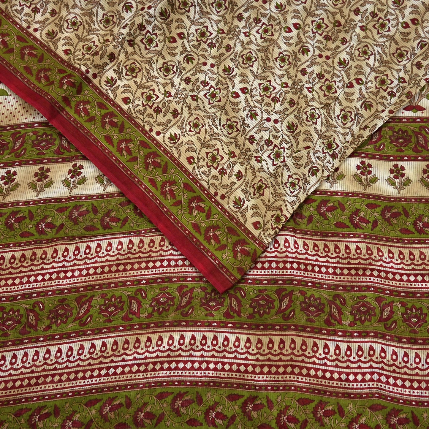 Indian Vintage Sari Green & Beige Printed Sarees 100% Pure Cotton Craft Fabric Soft 5Yd Sewing Sarong Wrap Floral Dress Making Crafting