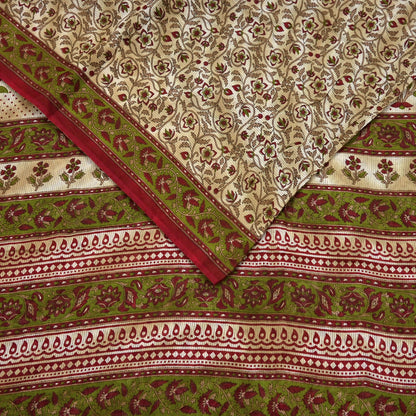 Indian Vintage Sari Green & Beige Printed Sarees 100% Pure Cotton Craft Fabric Soft 5Yd Sewing Sarong Wrap Floral Dress Making Crafting