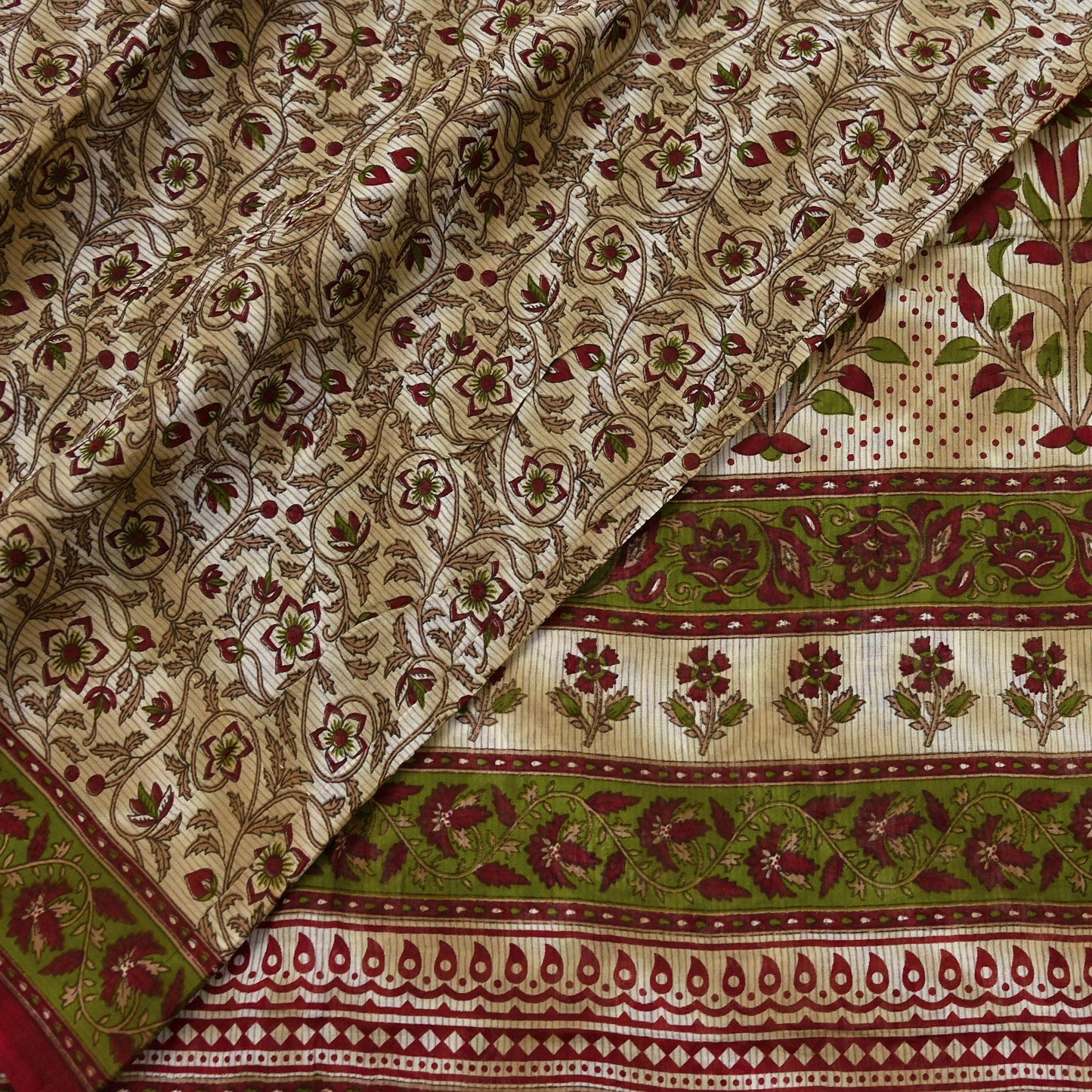 Indian Vintage Sari Green & Beige Printed Sarees 100% Pure Cotton Craft Fabric Soft 5Yd Sewing Sarong Wrap Floral Dress Making Crafting
