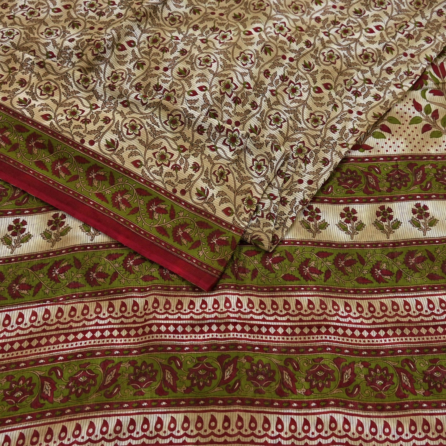 Indian Vintage Sari Green & Beige Printed Sarees 100% Pure Cotton Craft Fabric Soft 5Yd Sewing Sarong Wrap Floral Dress Making Crafting