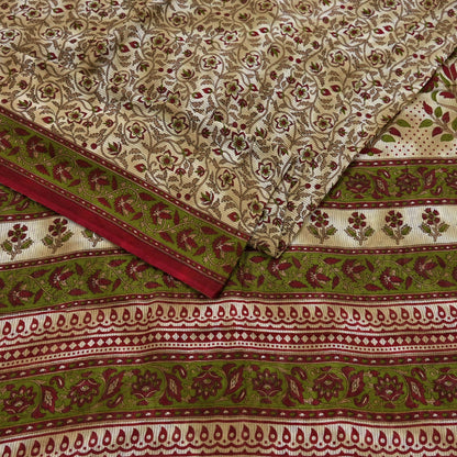 Indian Vintage Sari Green & Beige Printed Sarees 100% Pure Cotton Craft Fabric Soft 5Yd Sewing Sarong Wrap Floral Dress Making Crafting