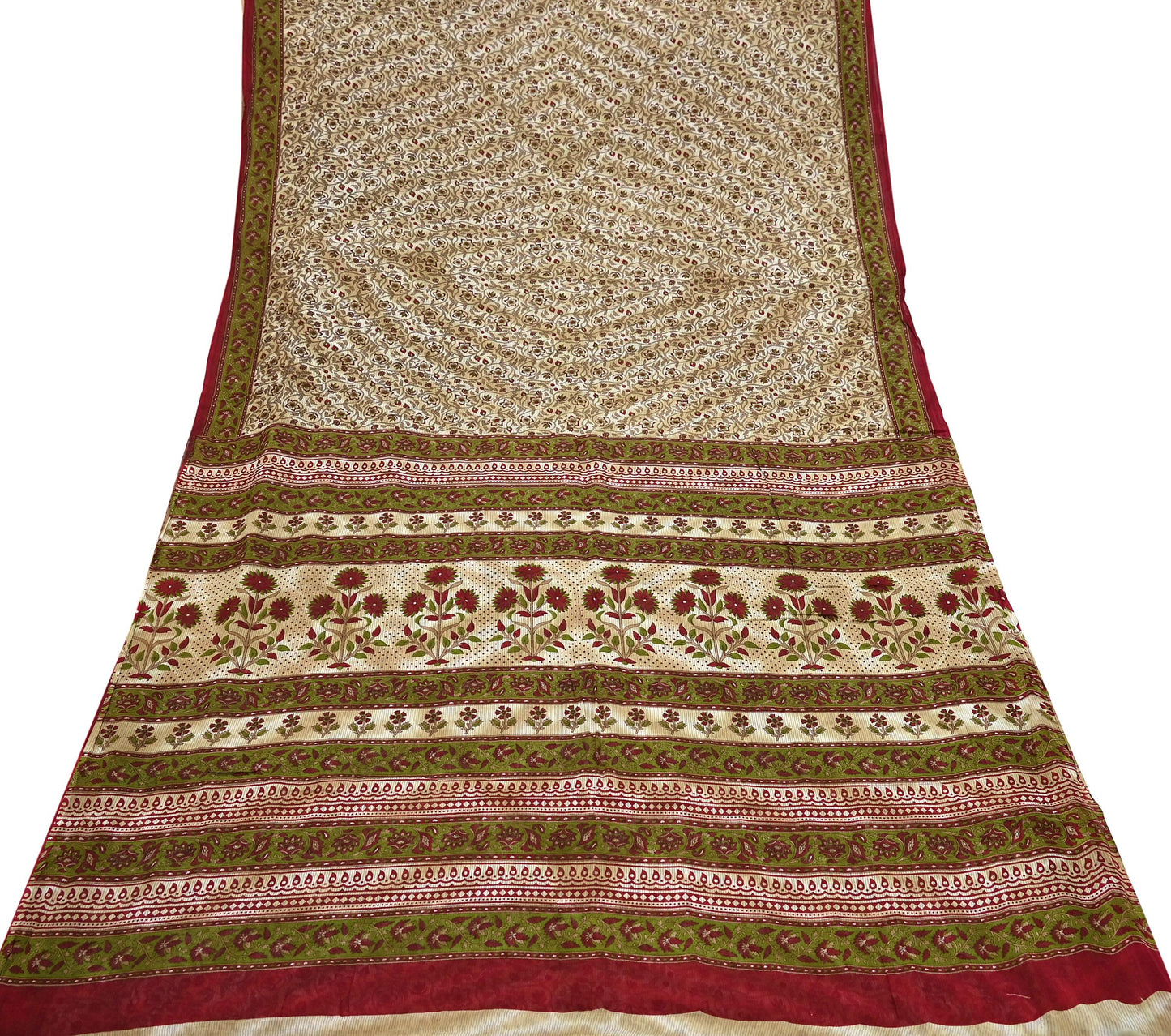 Indian Vintage Sari Green & Beige Printed Sarees 100% Pure Cotton Craft Fabric Soft 5Yd Sewing Sarong Wrap Floral Dress Making Crafting