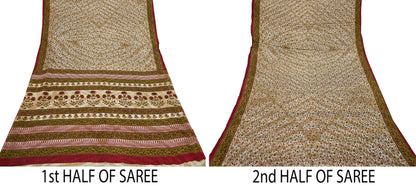 Indian Vintage Sari Green & Beige Printed Sarees 100% Pure Cotton Craft Fabric Soft 5Yd Sewing Sarong Wrap Floral Dress Making Crafting