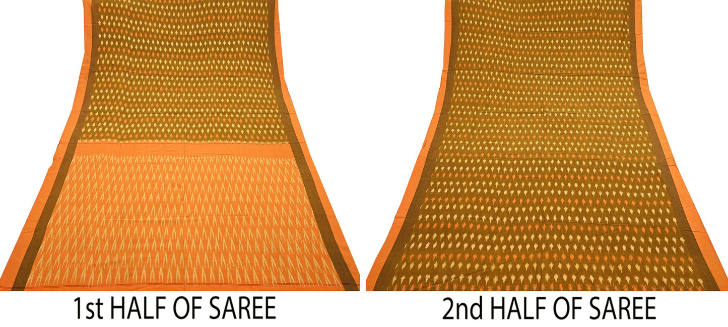 Indian Vintage Orange & Black Saree Pure Cotton Hand woven Sambalpuri Ikat Sari Fabric 5Yard Ethnic