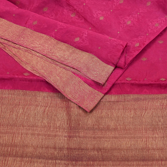 Indian Vintage Sari Pink Hand Woven Printed Sari 100% Pure Crepe Silk Sarees Craft Fabric 5yd Soft Zari Dress making Quilting Used