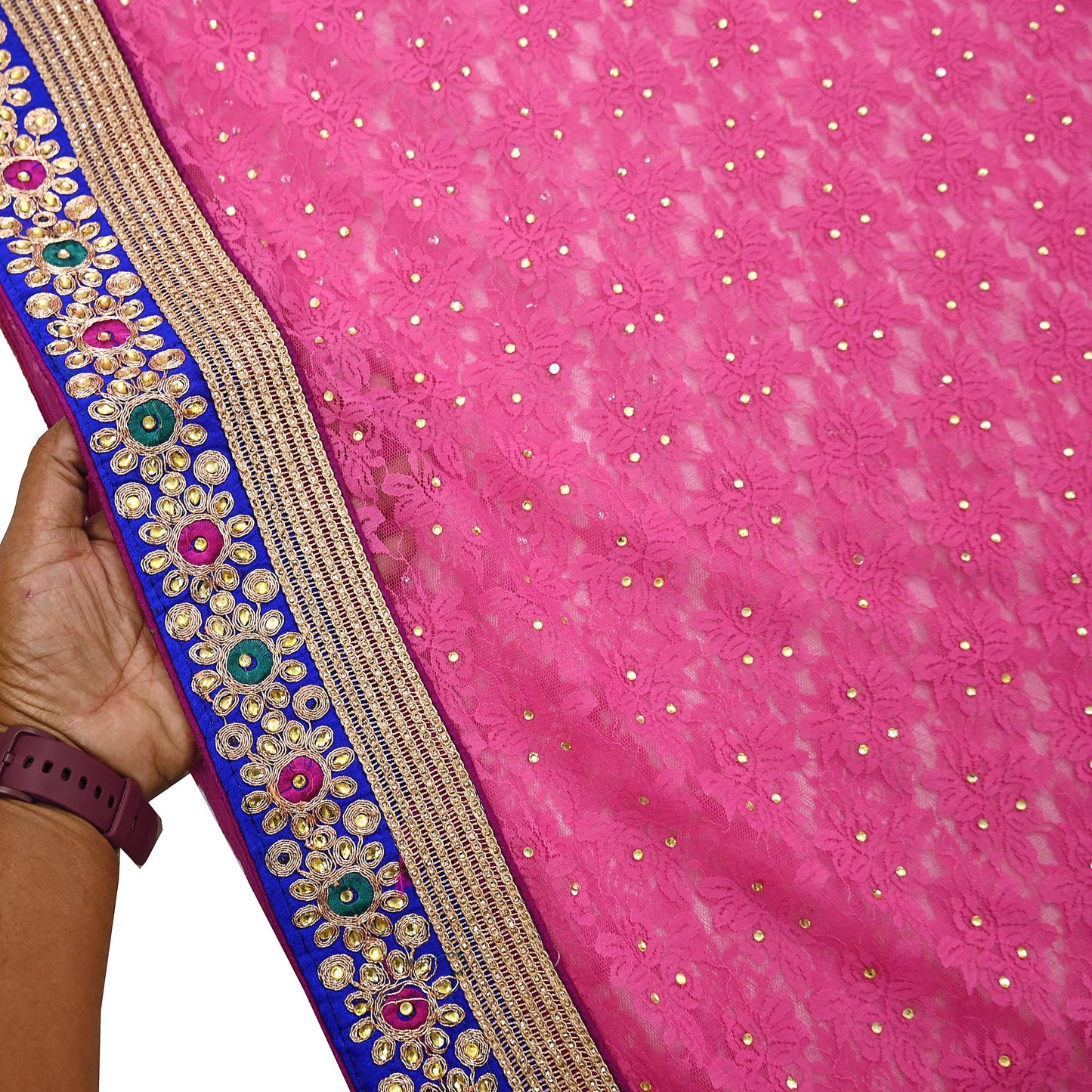 Indian Vintage Sari Pink Net/Mesh Hand Embroidered Sarees 5Yd Ethnic Craft Fabric Sequins Upcycle Dress Making/ Designing Bollywood