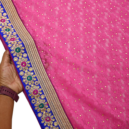 Indian Vintage Sari Pink Net/Mesh Hand Embroidered Sarees 5Yd Ethnic Craft Fabric Sequins Upcycle Dress Making/ Designing Bollywood