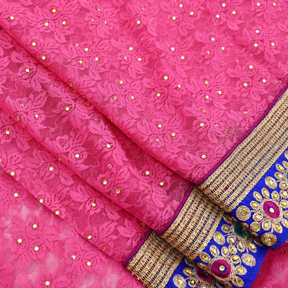 Indian Vintage Sari Pink Net/Mesh Hand Embroidered Sarees 5Yd Ethnic Craft Fabric Sequins Upcycle Dress Making/ Designing Bollywood