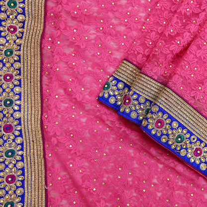 Indian Vintage Sari Pink Net/Mesh Hand Embroidered Sarees 5Yd Ethnic Craft Fabric Sequins Upcycle Dress Making/ Designing Bollywood