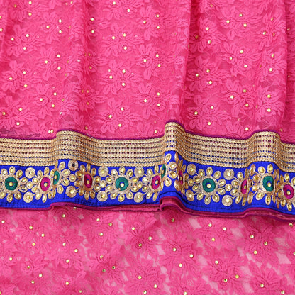 Indian Vintage Sari Pink Net/Mesh Hand Embroidered Sarees 5Yd Ethnic Craft Fabric Sequins Upcycle Dress Making/ Designing Bollywood