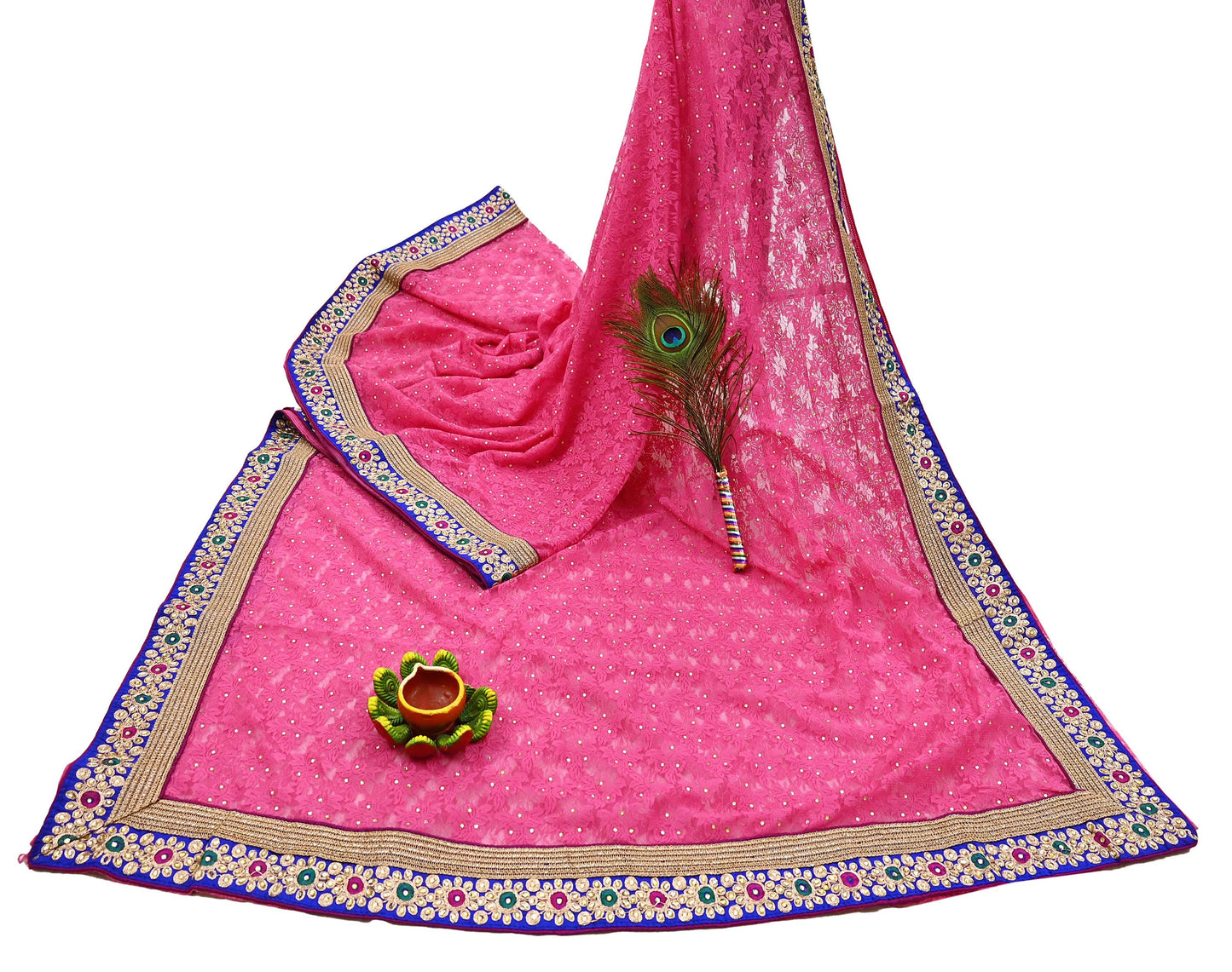 Indian Vintage Sari Pink Net/Mesh Hand Embroidered Sarees 5Yd Ethnic Craft Fabric Sequins Upcycle Dress Making/ Designing Bollywood
