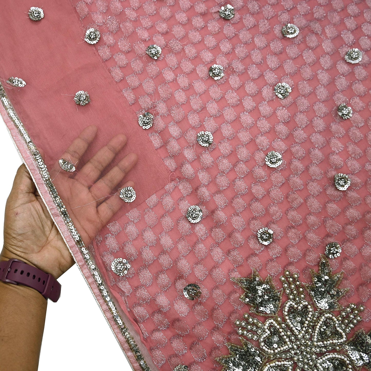 Indian Vintage Sari Pink Pure Georgette /Net Hand Beaded Sarees Fabric 5Yd Sewing Ethnic Dress making Quilting Bollywood