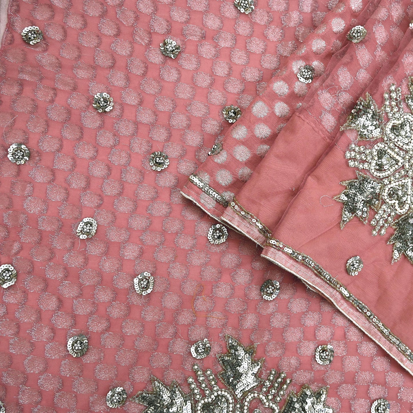 Indian Vintage Sari Pink Pure Georgette /Net Hand Beaded Sarees Fabric 5Yd Sewing Ethnic Dress making Quilting Bollywood