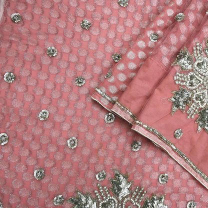 Indian Vintage Sari Pink Pure Georgette /Net Hand Beaded Sarees Fabric 5Yd Sewing Ethnic Dress making Quilting Bollywood