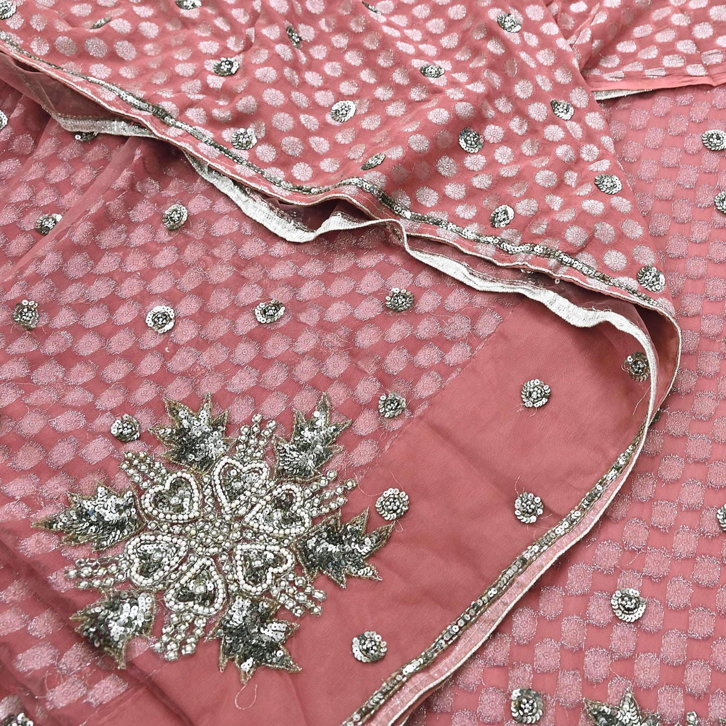 Indian Vintage Sari Pink Pure Georgette /Net Hand Beaded Sarees Fabric 5Yd Sewing Ethnic Dress making Quilting Bollywood