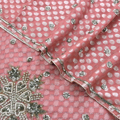 Indian Vintage Sari Pink Pure Georgette /Net Hand Beaded Sarees Fabric 5Yd Sewing Ethnic Dress making Quilting Bollywood